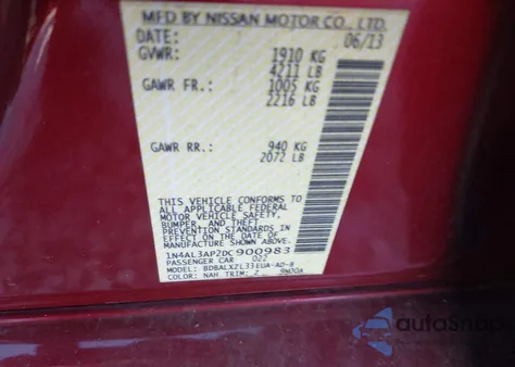 2013 Nissan Altima 2.5 Sl z USA, uszkodzony, nr VIN 1N4AL3AP2DC900983